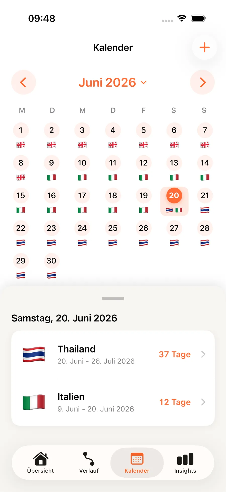 NomadCount Kalender mit Flaggen pro Tag