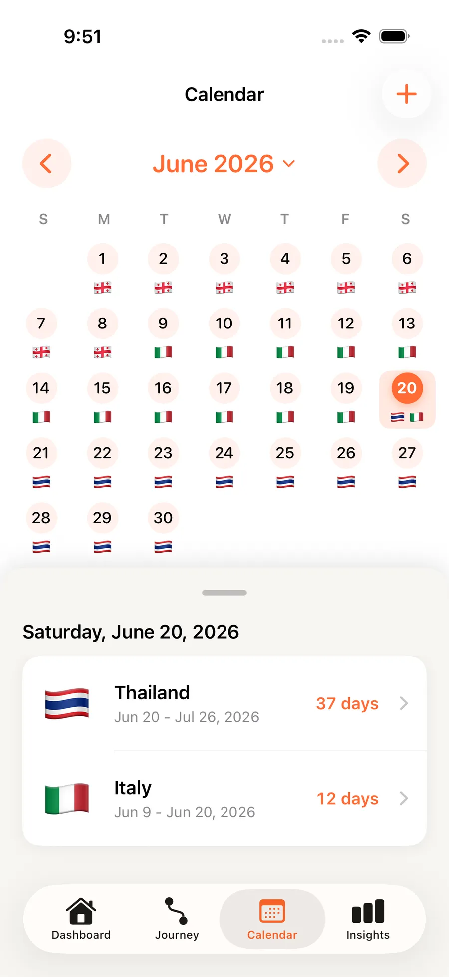 NomadCount calendar with a flag per day
