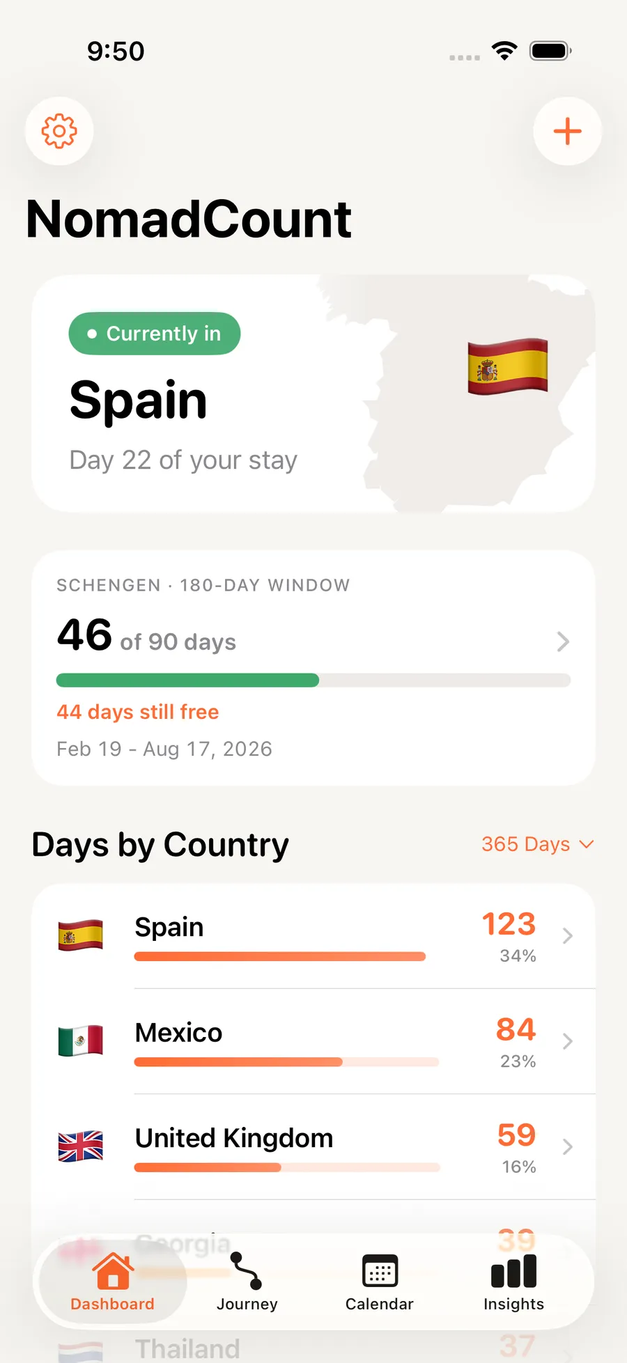 NomadCount dashboard with days per country